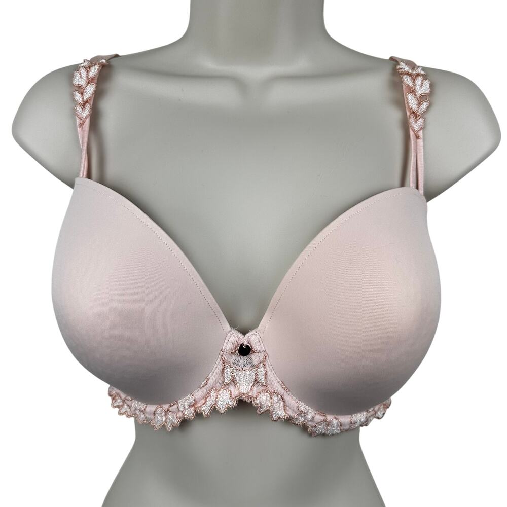 Marie Jo Leda Padded Plunge Bra T-Shirt Glossy Pink Blush 36E Embroidered